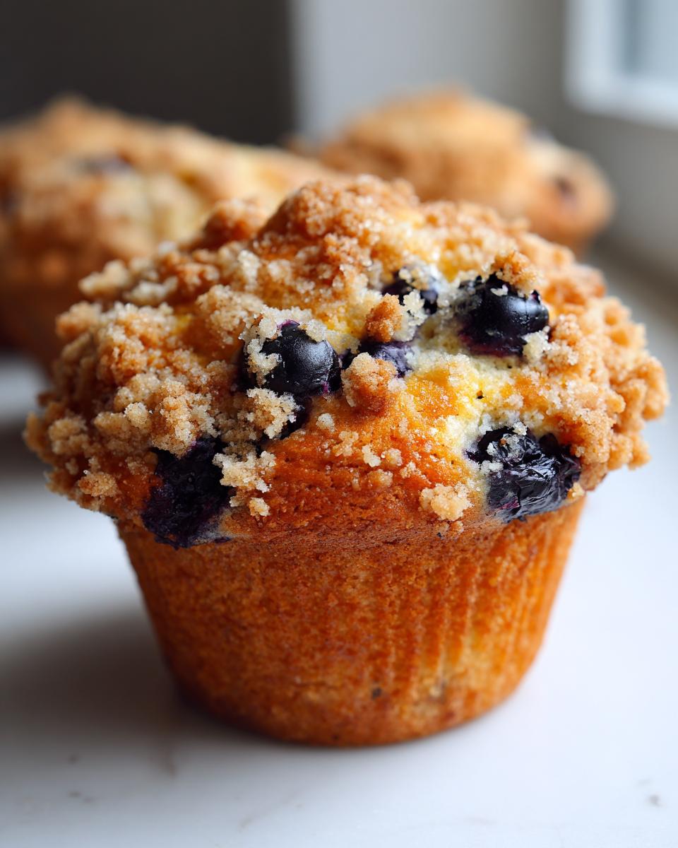 A close-up shot of a golden brown blueberry muffin topped with a generous layer of streusel crumb topping.
