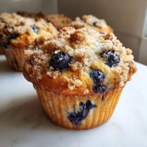 A close-up, appetizing shot of a single blueberry muffin topped with streusel and whole blueberries.