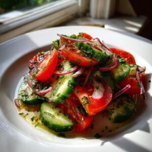 A close-up of a fresh cucumber tomato salad tossed with red onion slices and herbs in a light vinaigrette.