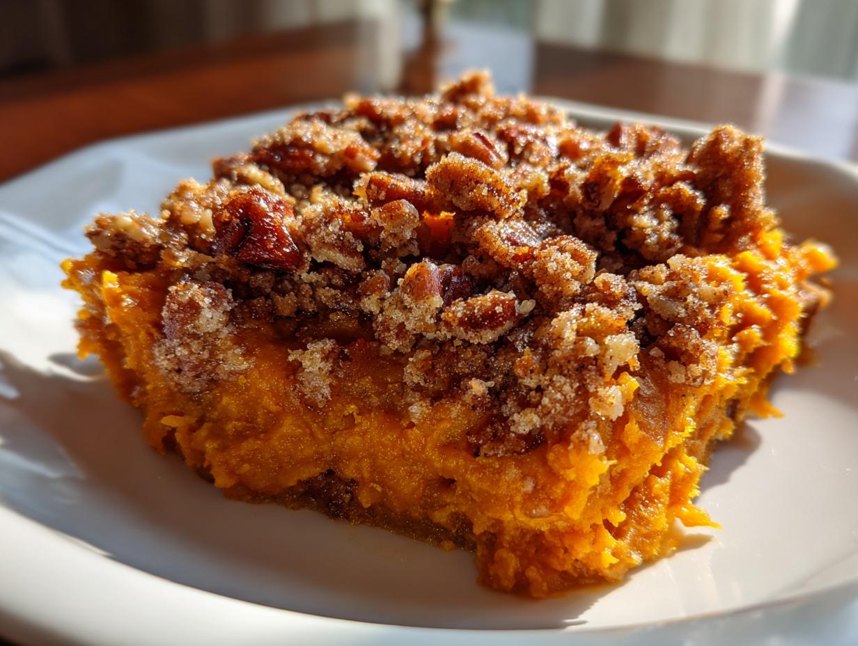 Close-up of a serving of easy sweet potato casserole topped with a crunchy pecan streusel.