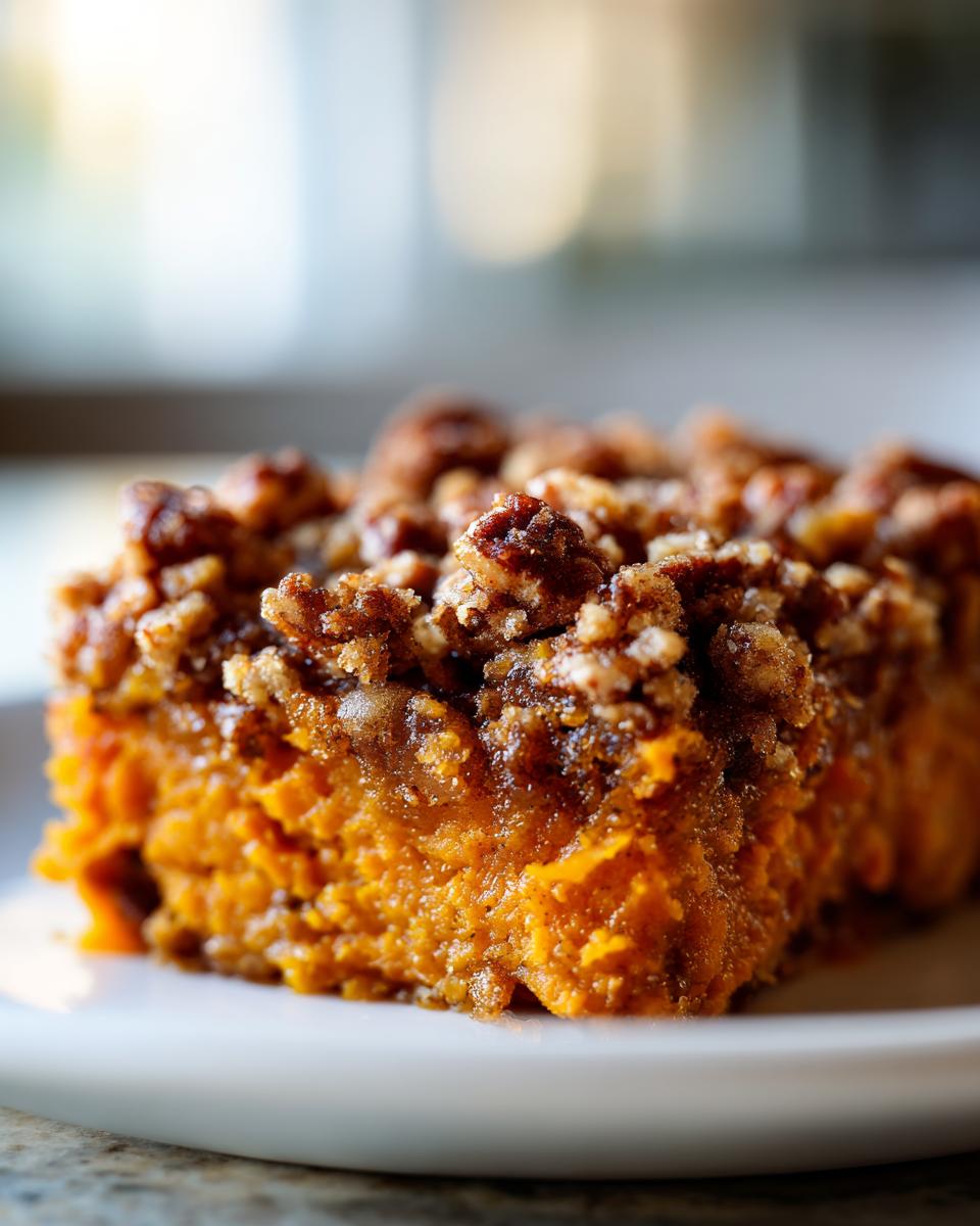 Close-up of a rich, orange slice of easy sweet potato casserole topped with a crunchy pecan streusel.
