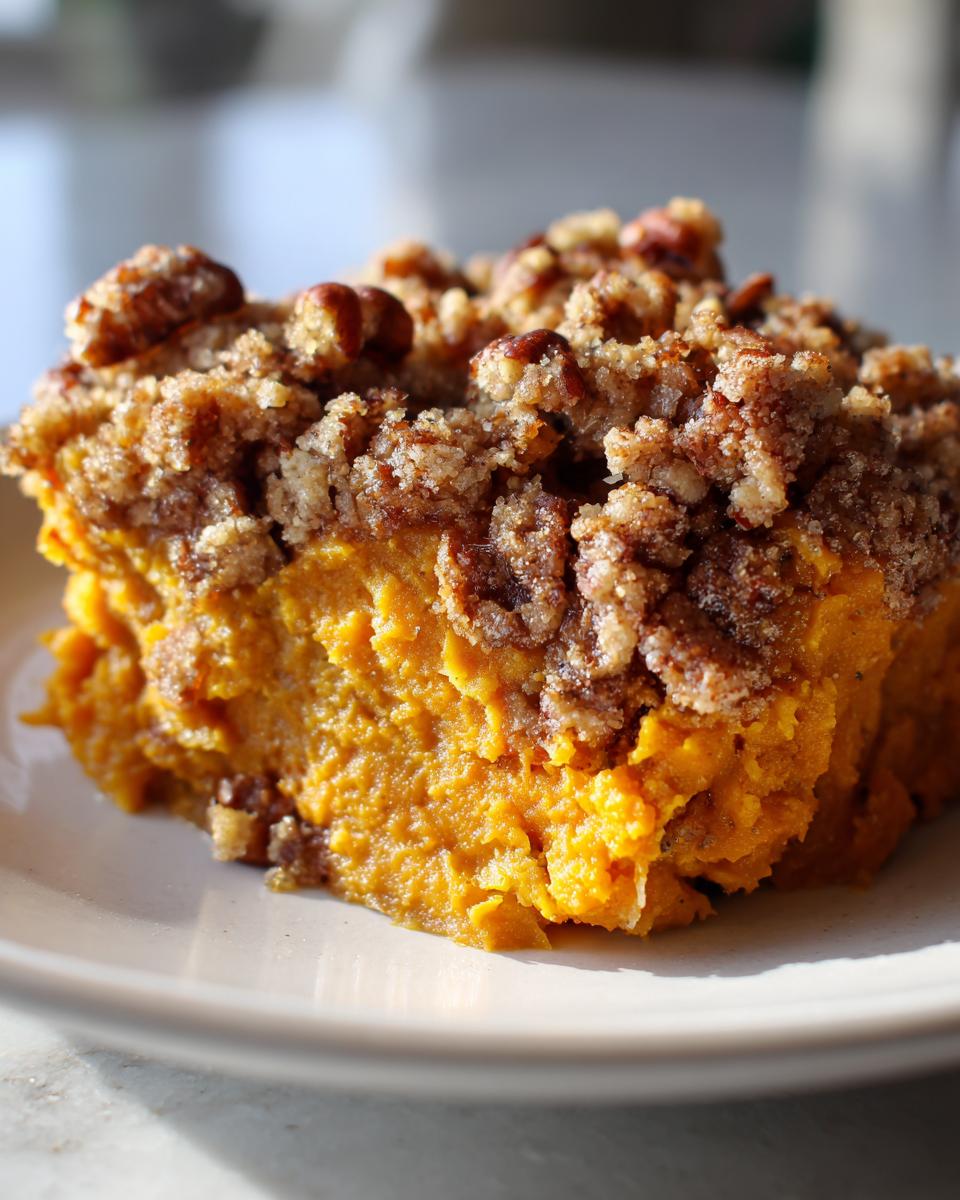 Close-up of a serving of easy sweet potato casserole topped with a crunchy pecan streusel.