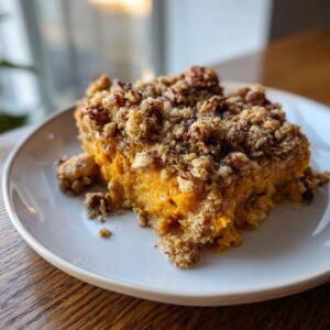 A close-up of a serving of easy sweet potato casserole topped with a crunchy pecan and brown sugar crumble.