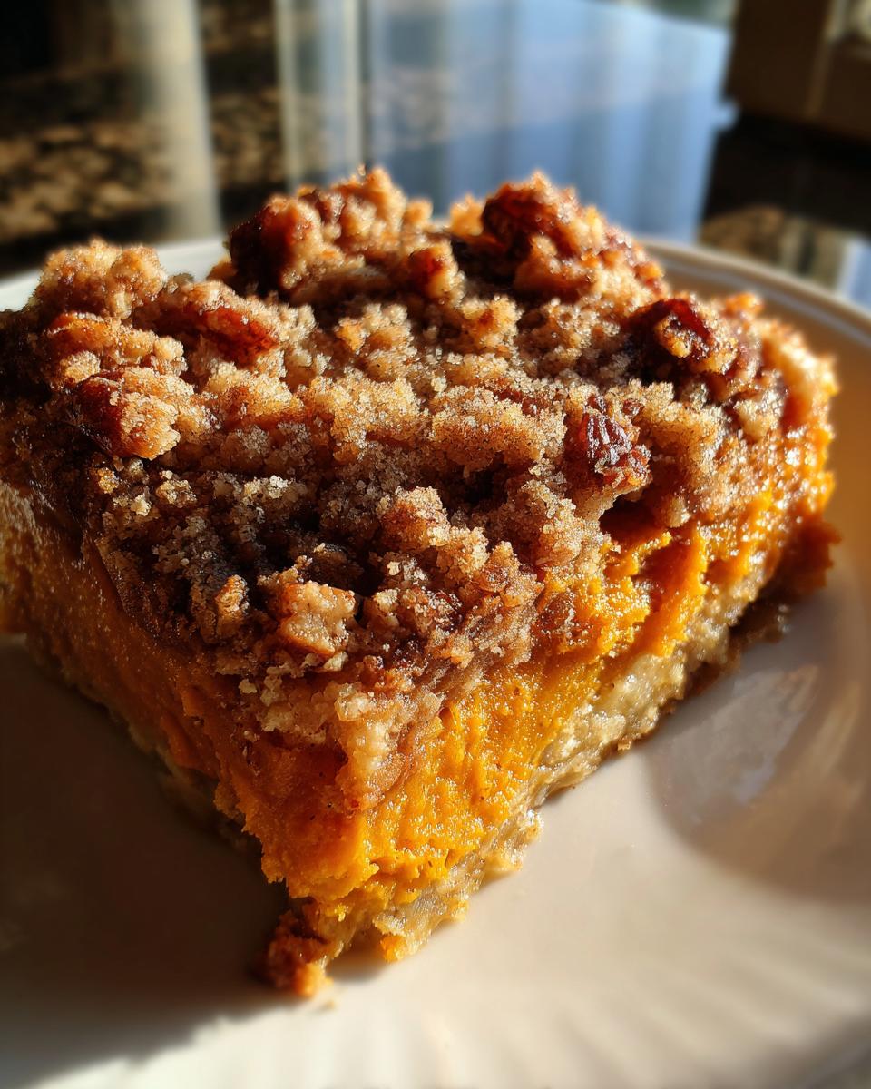 Close-up of a square slice of easy sweet potato casserole topped with a crunchy brown sugar and pecan crumble.
