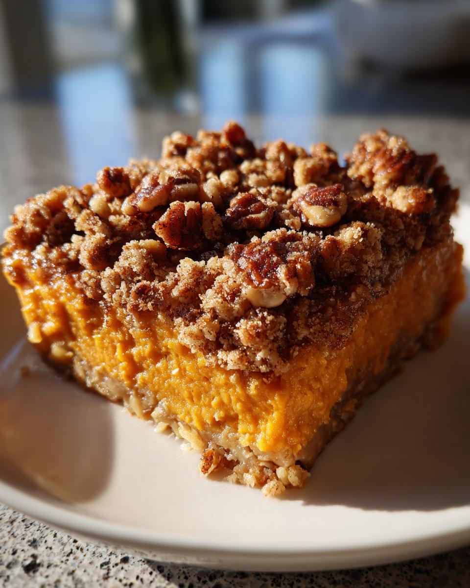 A square slice of easy sweet potato casserole featuring a bright orange filling and a crunchy pecan streusel topping.