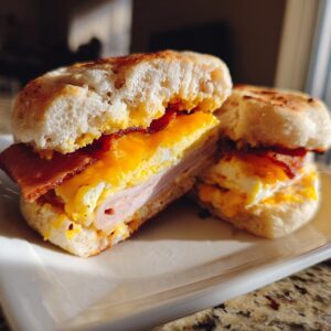 Close-up of a delicious english muffin breakfast sandwich cut in half, showing egg, cheese, ham, and bacon.