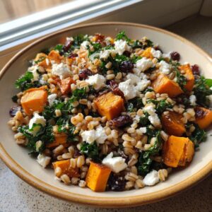 A close-up bowl of vibrant farro salad featuring roasted orange squash, dark green kale, white feta cheese, and dried cranberries.