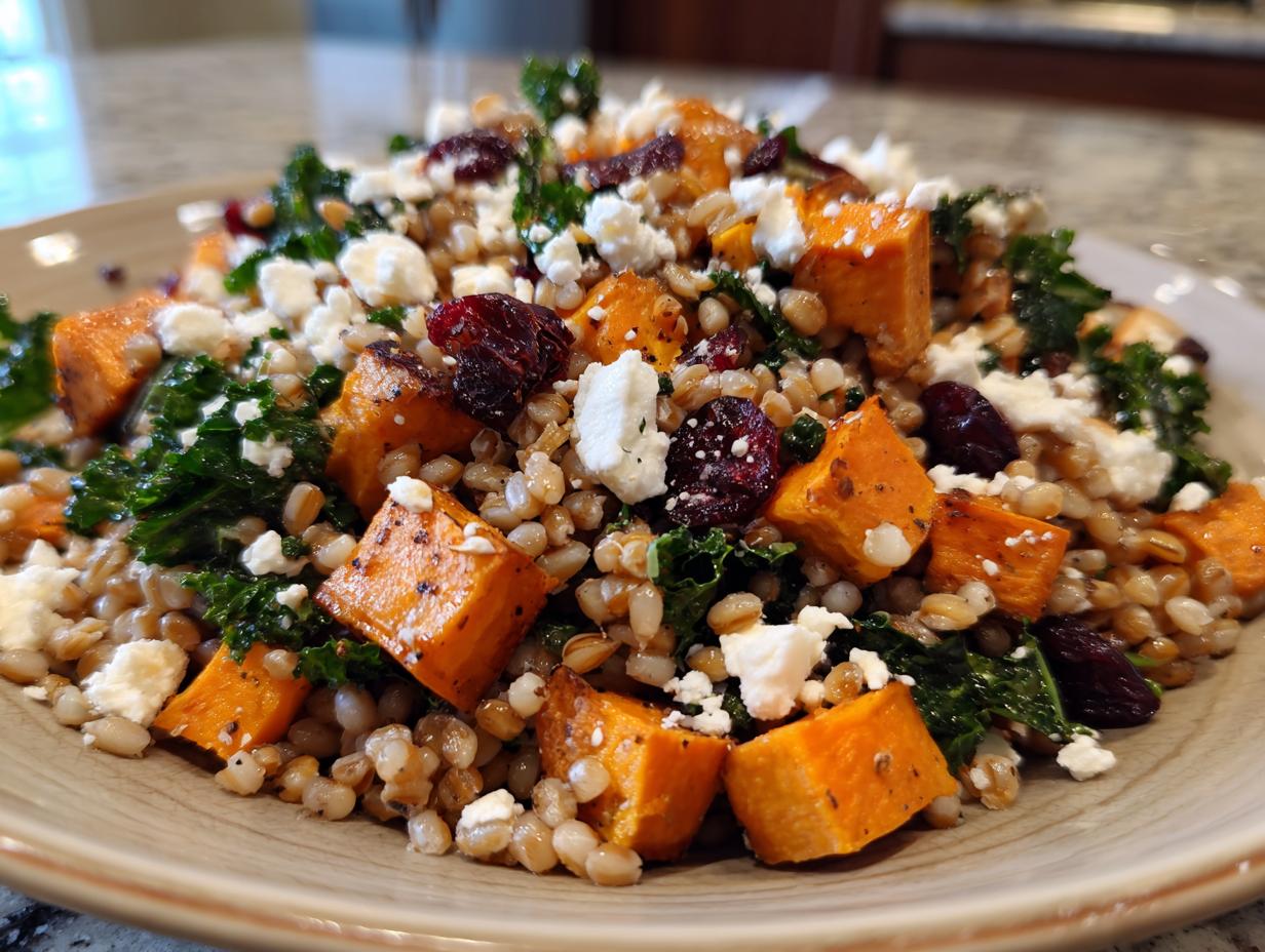 A close-up shot of a vibrant farro salad featuring roasted sweet potato cubes, kale, feta cheese crumbles, and dried cranberries.