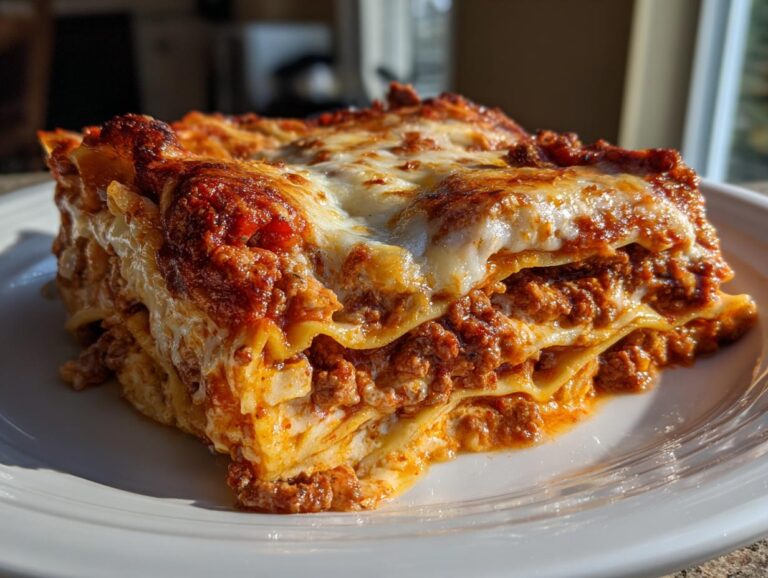 A thick, layered slice of homemade lasagna showing rich meat sauce and melted cheese.