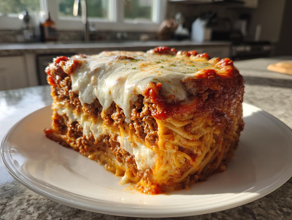 A thick, multi-layered slice of baked spaghetti pie featuring meat sauce and melted mozzarella cheese topping.