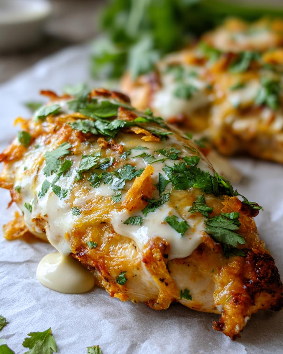 A close-up of baked fiesta lime chicken topped with melted cheese, creamy sauce, and fresh cilantro.