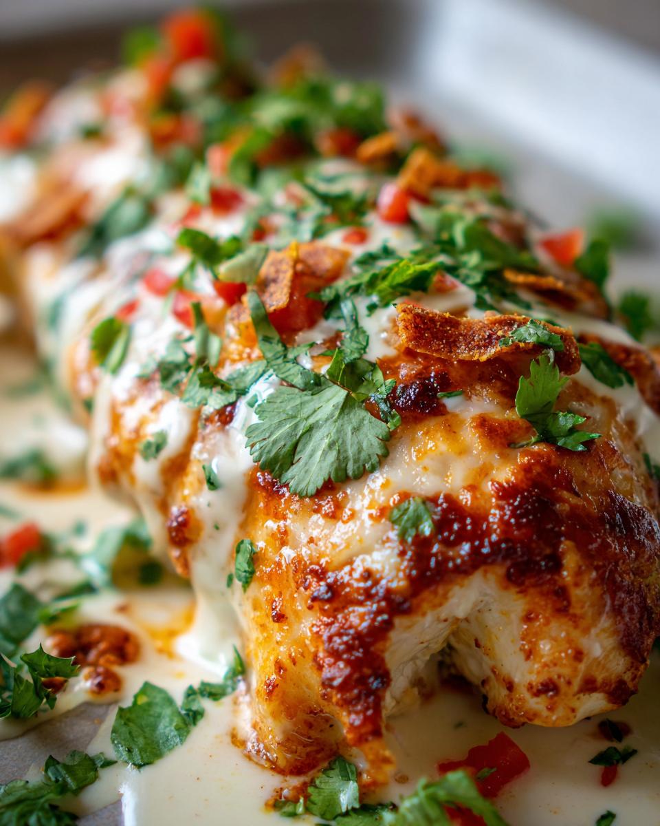 Close-up of baked fiesta lime chicken breast covered in melted cheese, creamy sauce, cilantro, and diced tomatoes.
