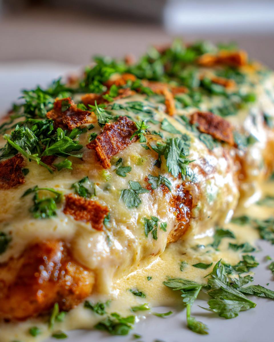 Close-up of baked fiesta lime chicken smothered in melted cheese sauce, topped with fresh cilantro and crispy bits.