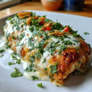Close-up of baked fiesta lime chicken smothered in white sauce, fresh cilantro, and crushed tortilla chips.