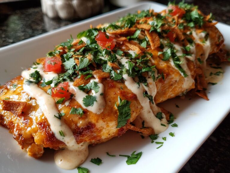 Close-up of baked fiesta lime chicken breasts topped with creamy sauce, diced tomatoes, and fresh parsley.