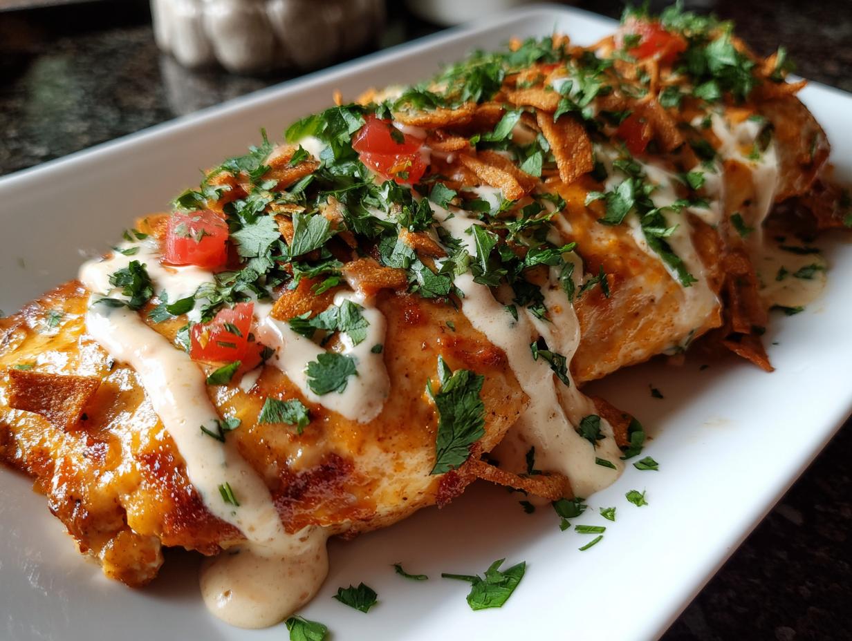 Close-up of baked fiesta lime chicken breasts topped with creamy sauce, diced tomatoes, and fresh parsley.