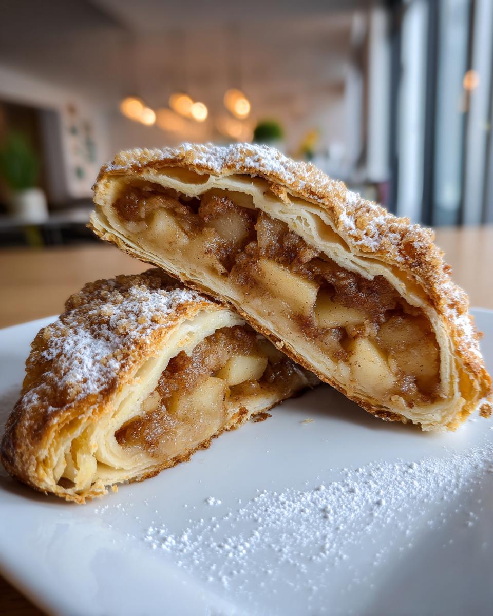 Close-up of a freshly baked apple strudel cut in half, showing flaky pastry and spiced apple filling, dusted with powdered sugar.