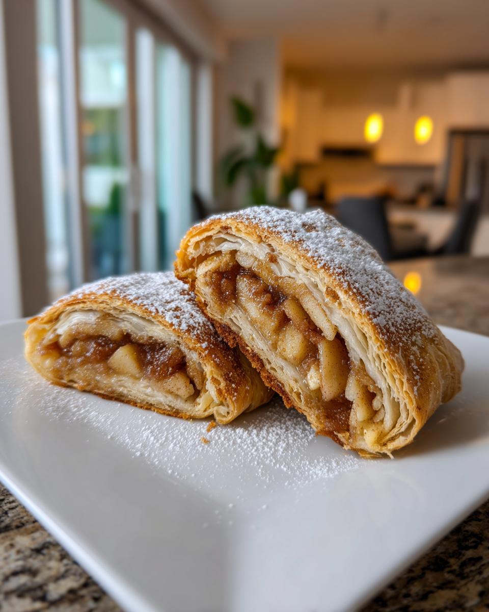 Two slices of flaky apple strudel, showing the spiced apple filling, dusted with powdered sugar.