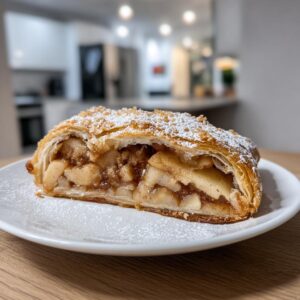 A close-up of a golden, flaky slice of apple strudel filled with spiced apples, dusted with powdered sugar.