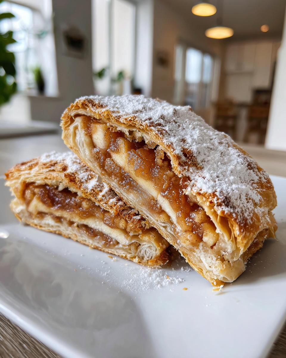 Two cross-section slices of flaky apple strudel, generously dusted with powdered sugar, sitting on a white plate.