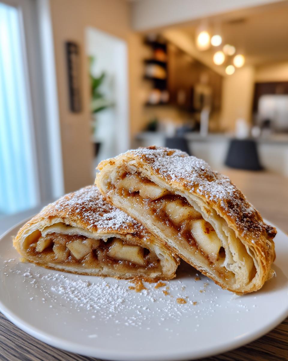 Two cross-section slices of flaky apple strudel filled with spiced apples, dusted with powdered sugar.