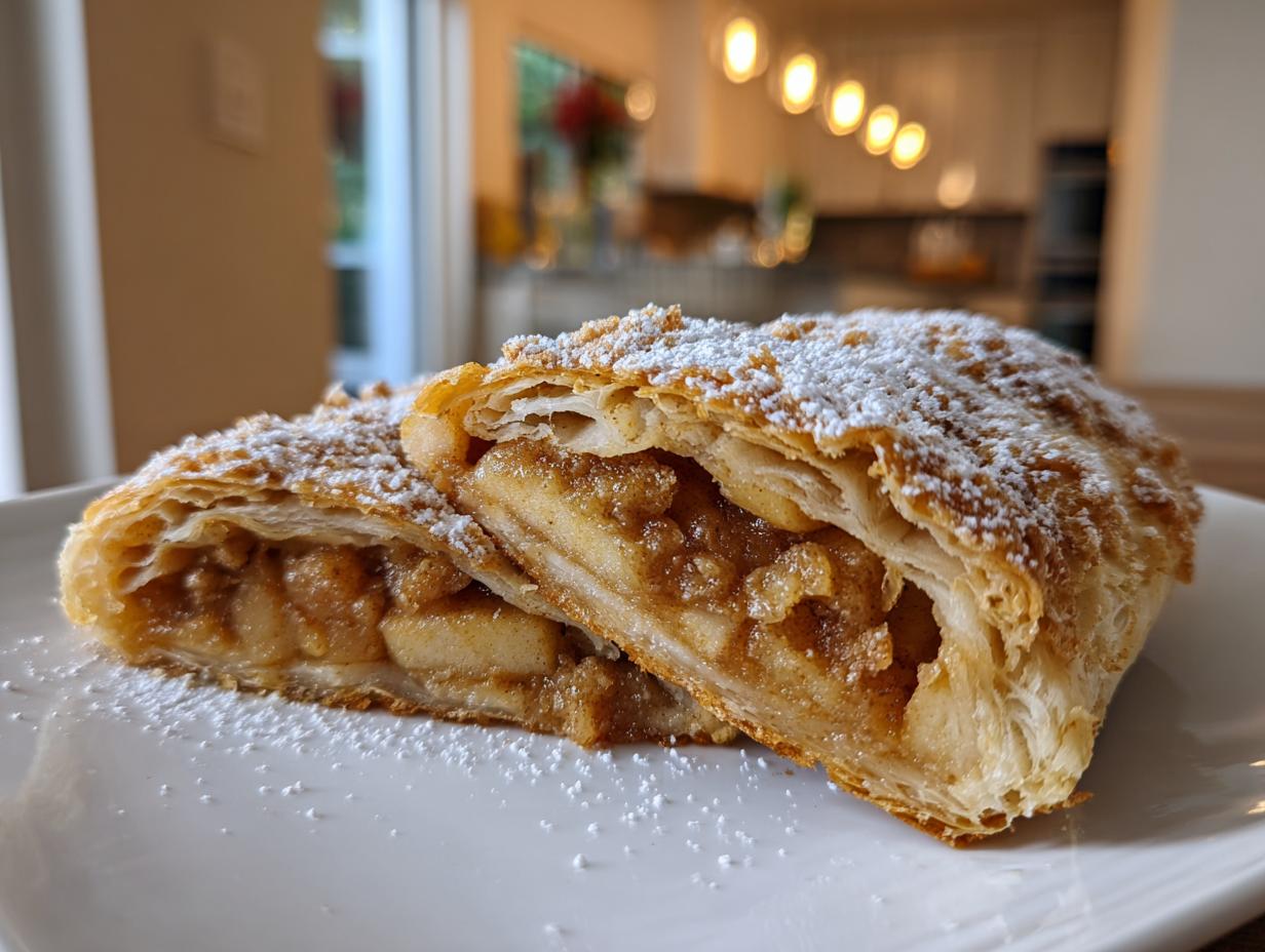 Two slices of flaky, golden apple strudel filled with spiced apples and dusted with powdered sugar.