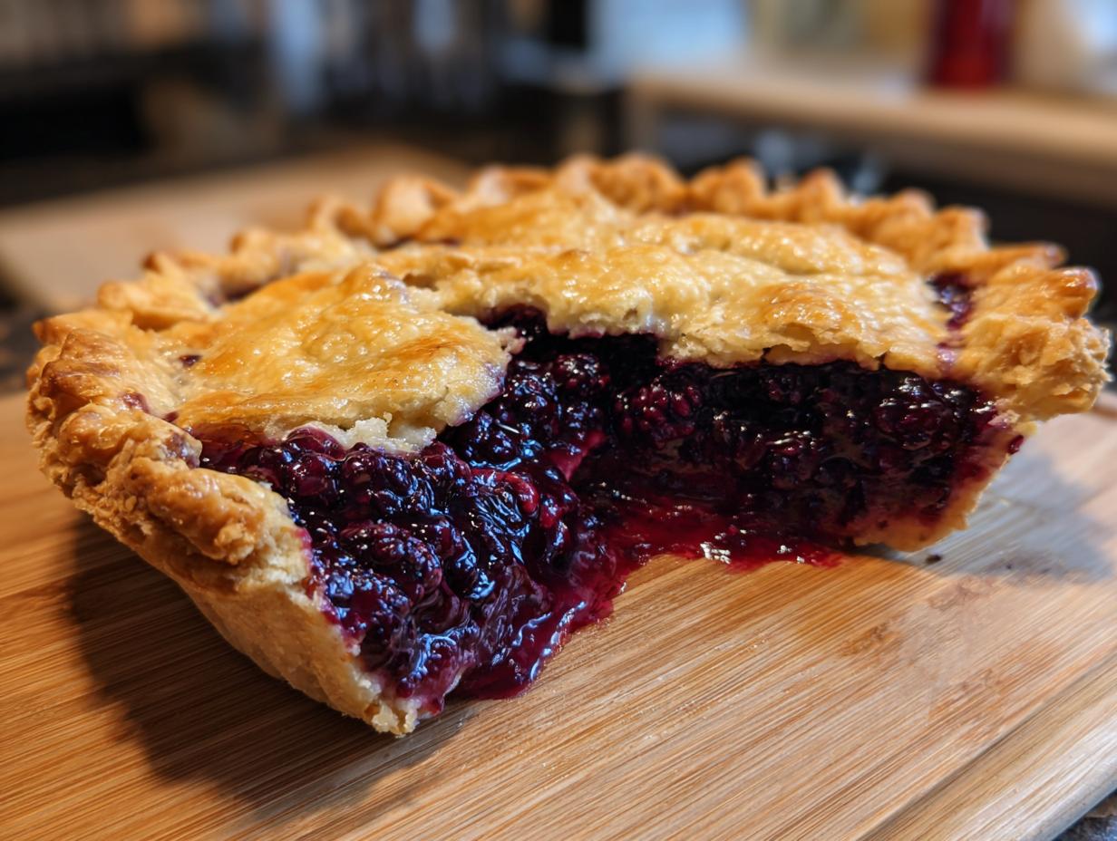 A close-up of a slice of golden-crusted blackberry pie showing the deep purple, oozing filling.