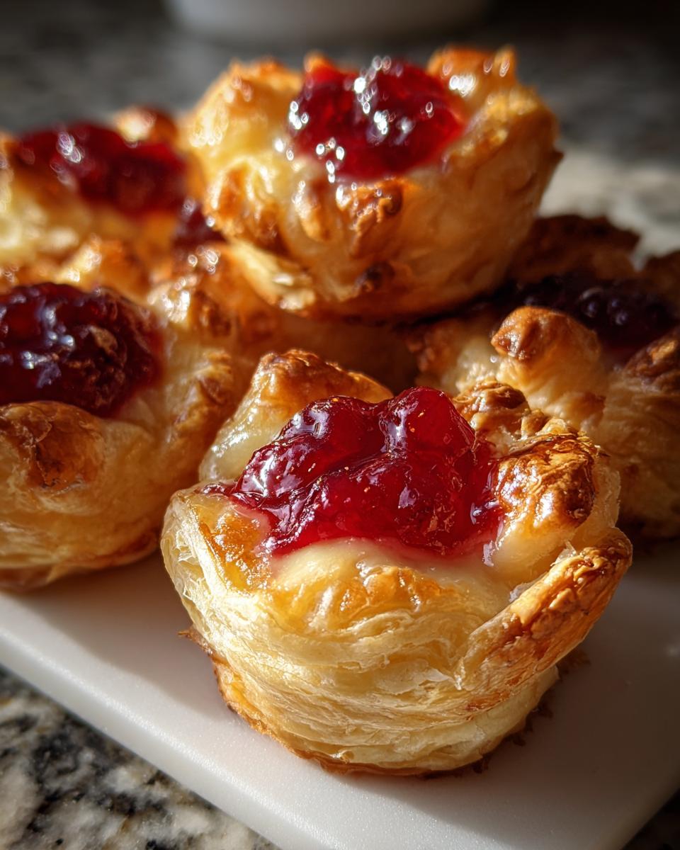 Close-up of several golden, flaky puff pastry brie bites topped with melted brie and bright red jam.