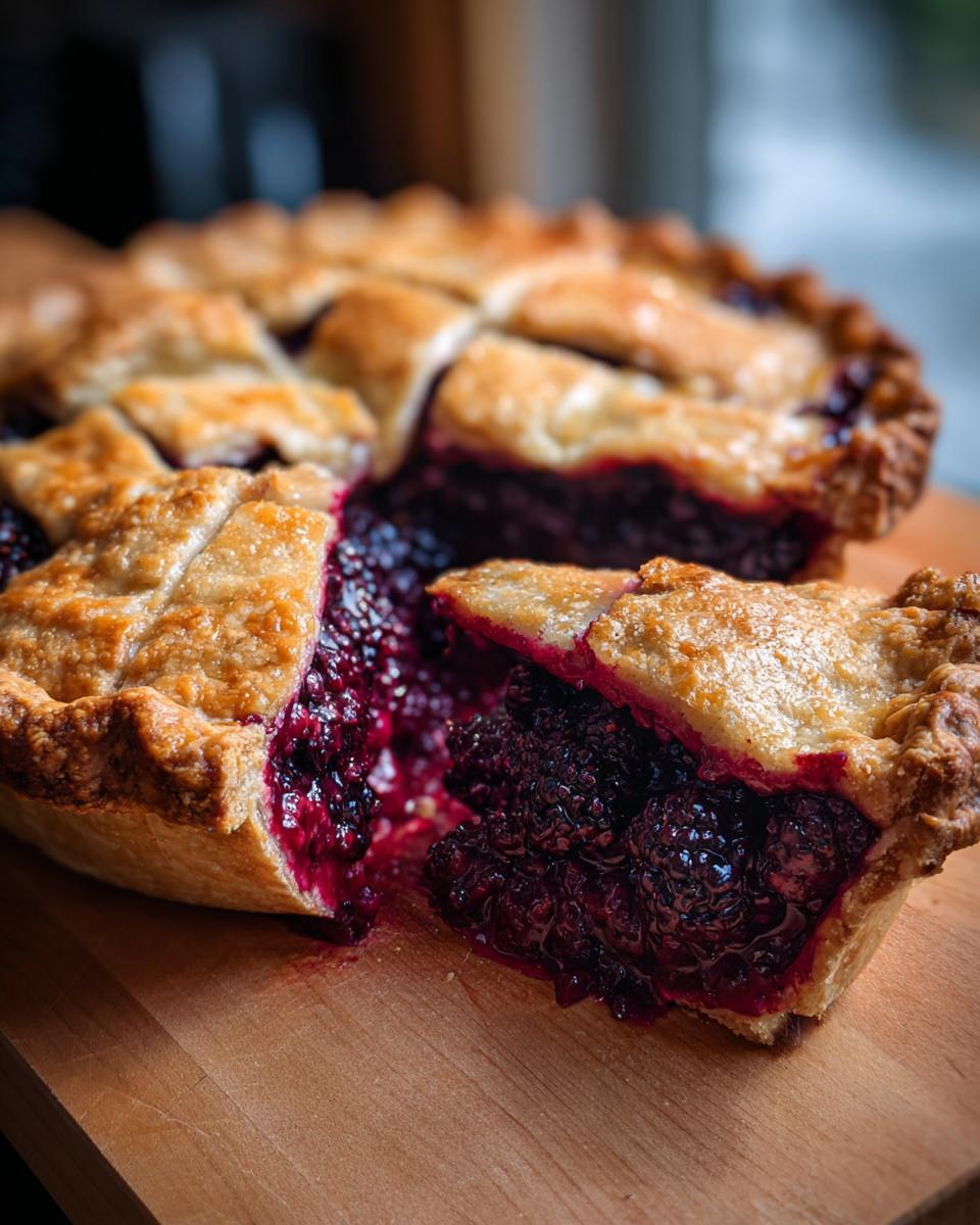 A close-up of a slice of blackberry pie showing the juicy, dark filling and golden lattice crust.