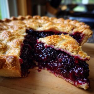 A close-up of a slice of homemade blackberry pie showing the rich, dark berry filling and flaky golden crust.