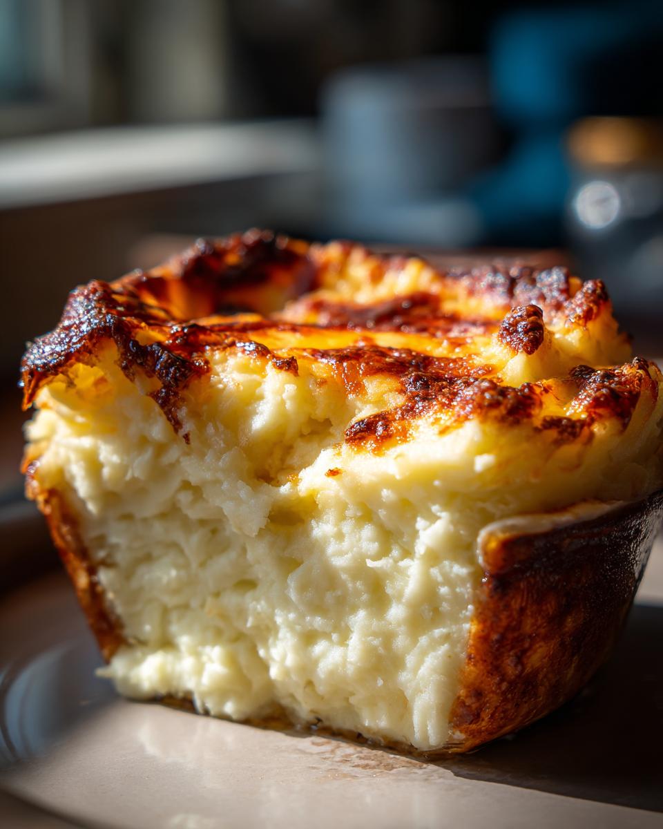 Close-up of a fluffy, individual portion of baked mashed potatoes with a deeply browned, cheesy top crust.
