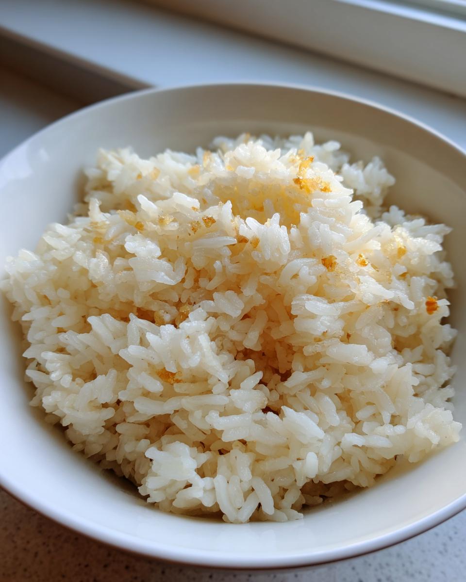 Close-up of fluffy white rice mixed with golden brown bits, served in a white bowl, showcasing the delicious butter rice.