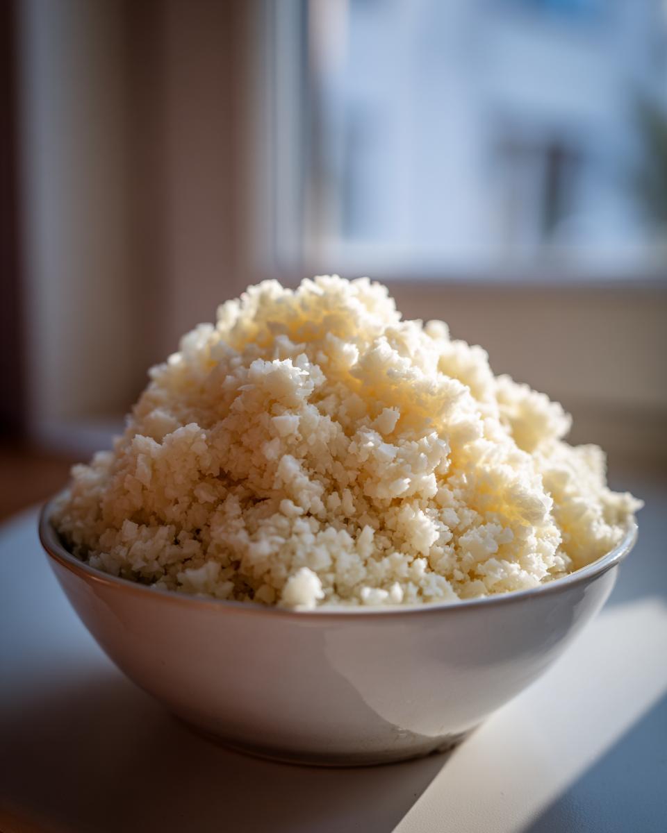 A mound of fluffy cauliflower rice piled high in a white bowl, backlit by natural window light.