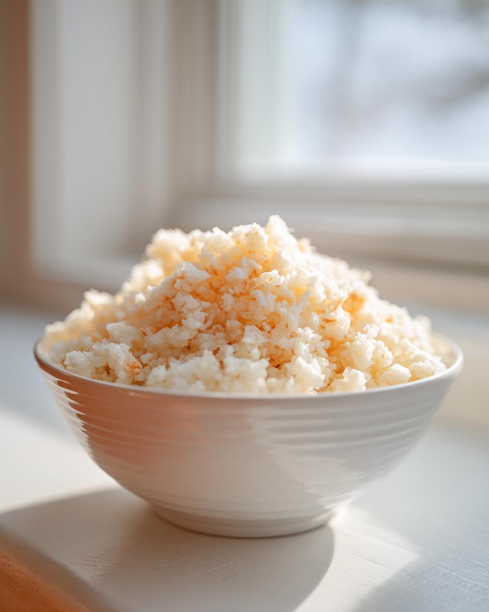 A white bowl filled with fluffy cauliflower rice, illuminated by natural light near a window.