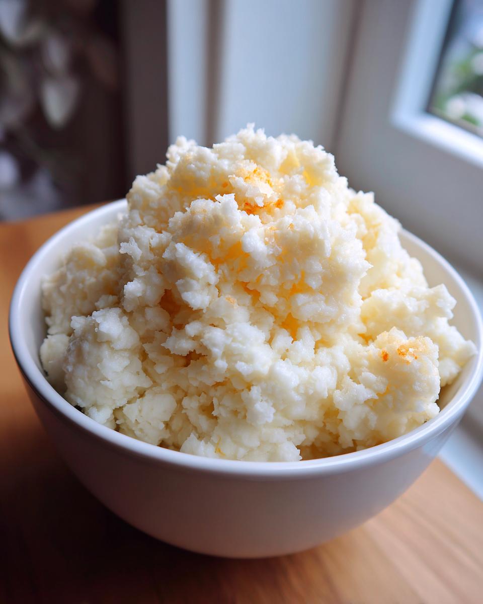 A white bowl filled high with fluffy, white cauliflower rice, lightly seasoned with orange flecks.