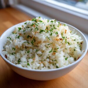 A white bowl filled with fluffy cauliflower rice, garnished generously with chopped green parsley.