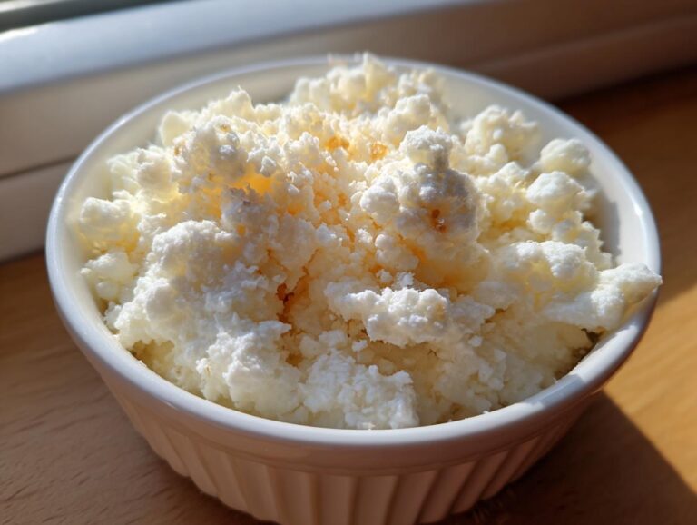 Close-up of fluffy, white cauliflower rice served in a small white bowl, catching bright sunlight.