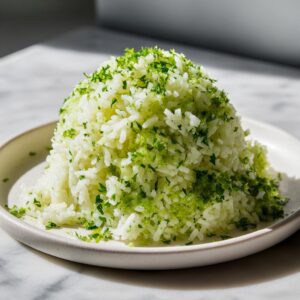 A mound of fluffy white cilantro lime rice topped generously with bright green lime zest and chopped cilantro.