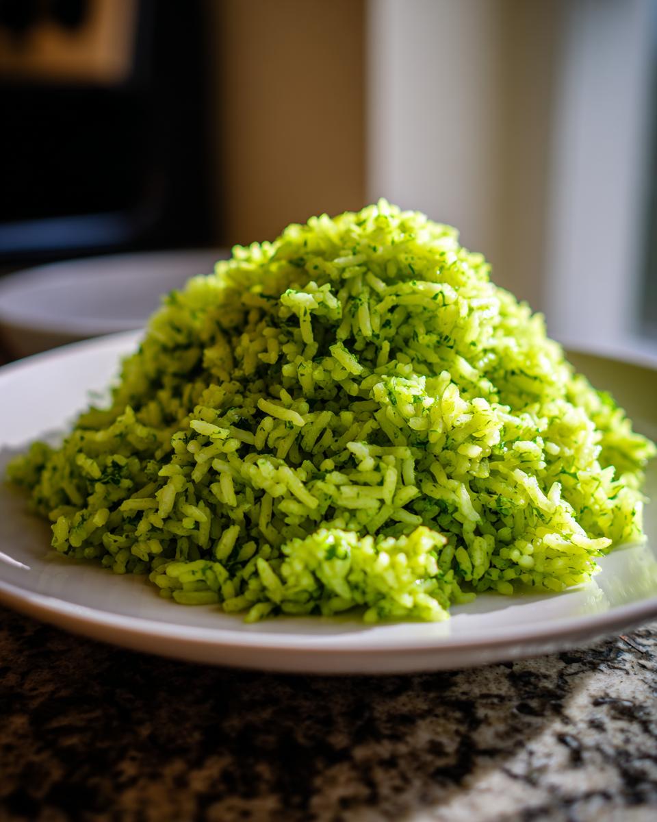 A fluffy mound of bright green cilantro lime rice served on a white plate, showcasing its vibrant color.
