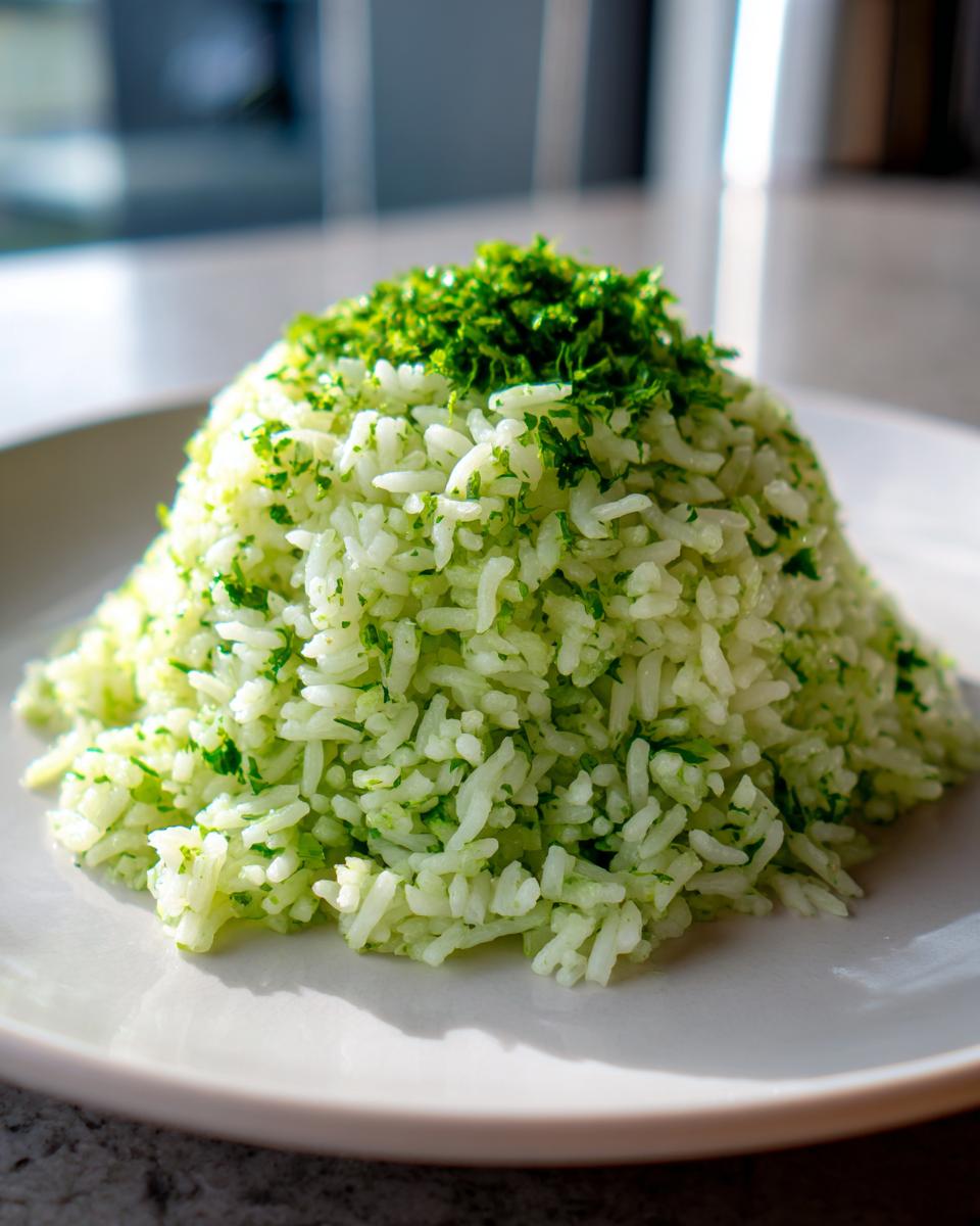 A perfectly molded mound of fluffy cilantro lime rice topped with finely chopped fresh cilantro.