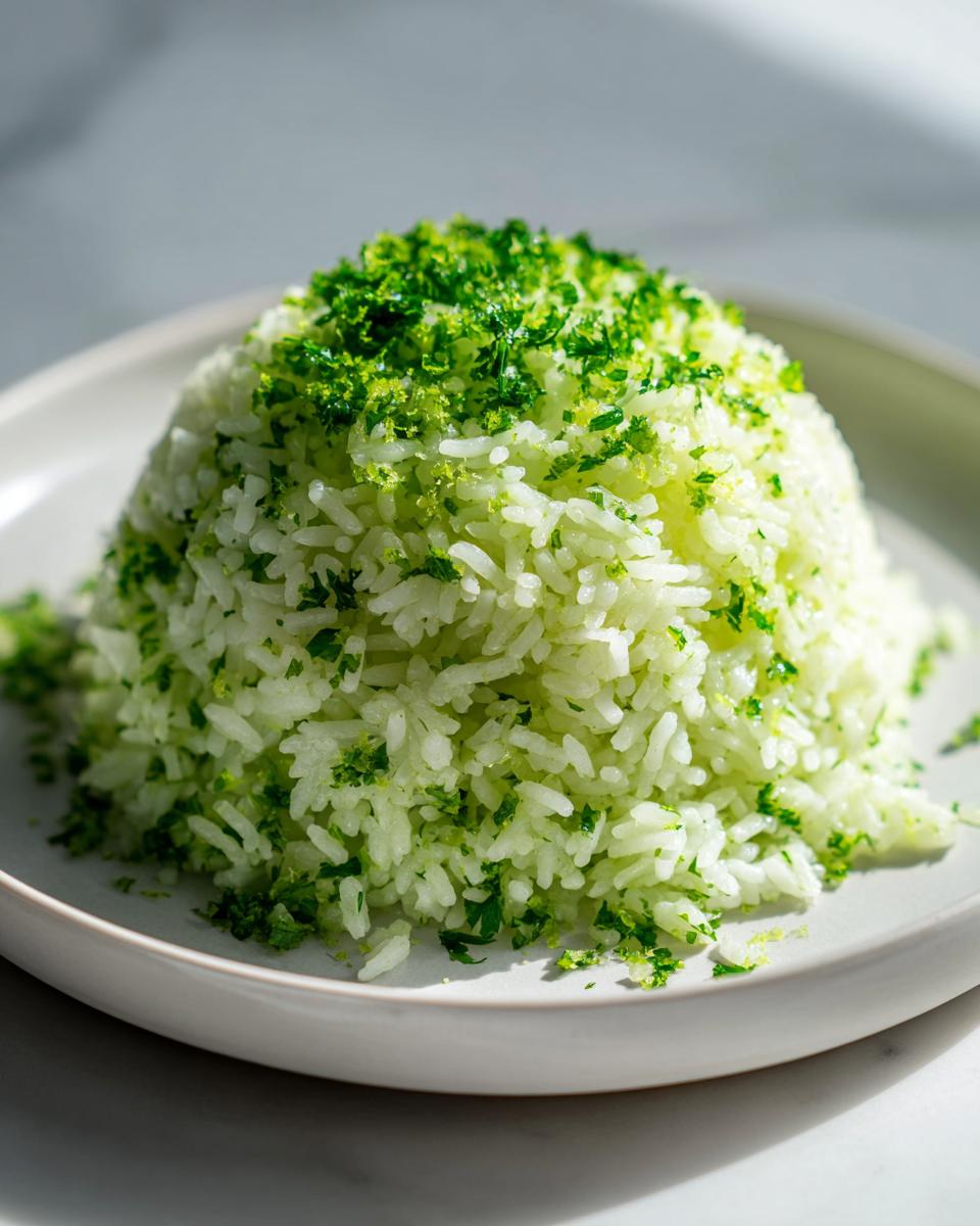 A perfectly mounded serving of fluffy cilantro lime rice topped generously with bright green cilantro and lime zest.