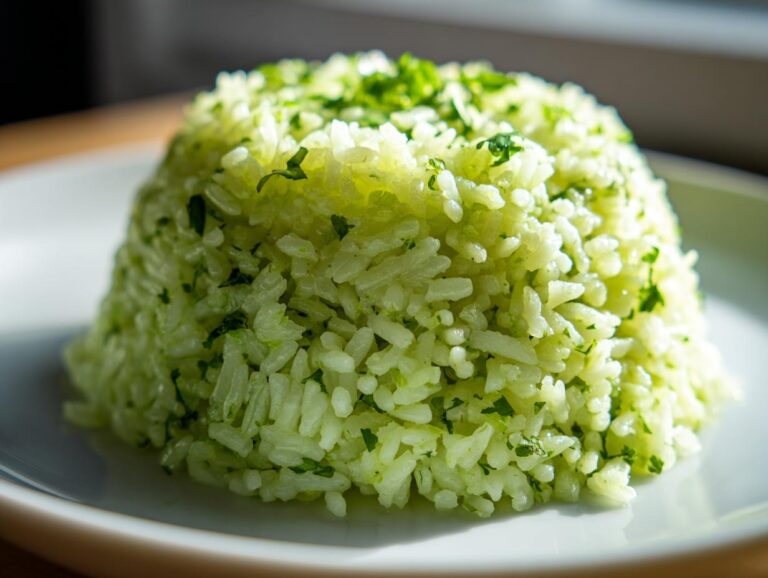 Close-up of fluffy, bright green cilantro lime rice mounded on a white plate, garnished with fresh herbs.