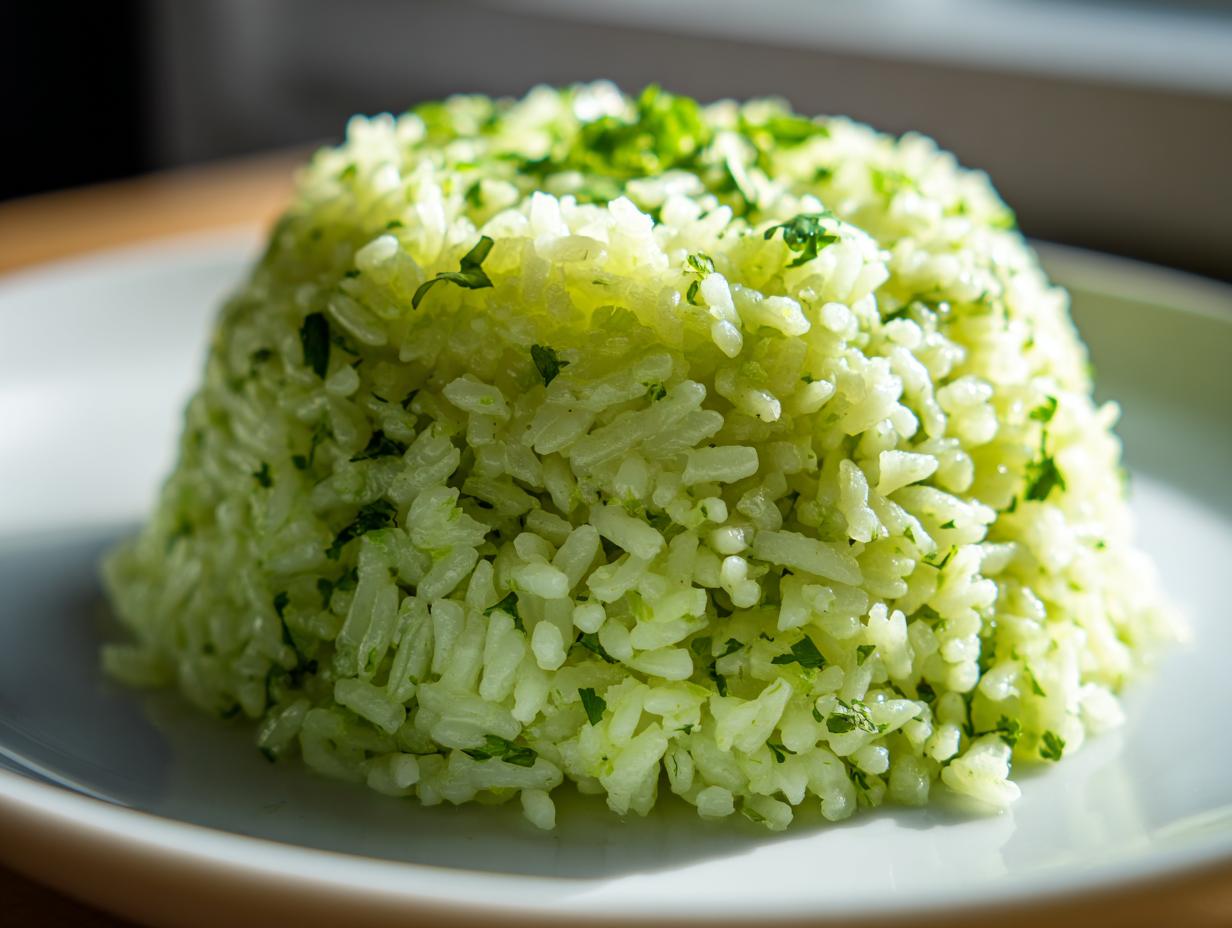 Close-up of fluffy, bright green cilantro lime rice mounded on a white plate, garnished with fresh herbs.