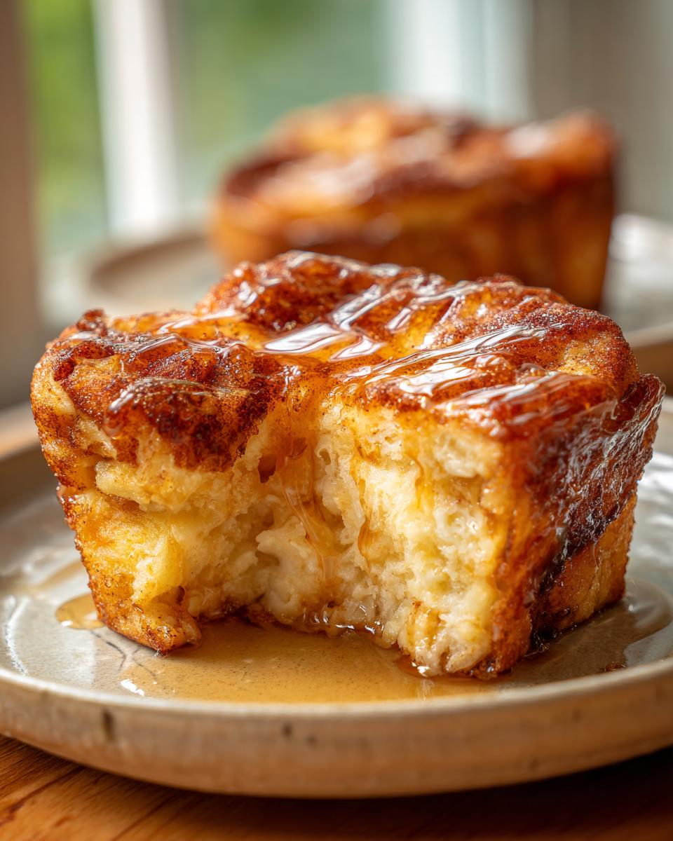A close-up of a fluffy french toast muffins, drizzled with syrup, with a bite taken out.