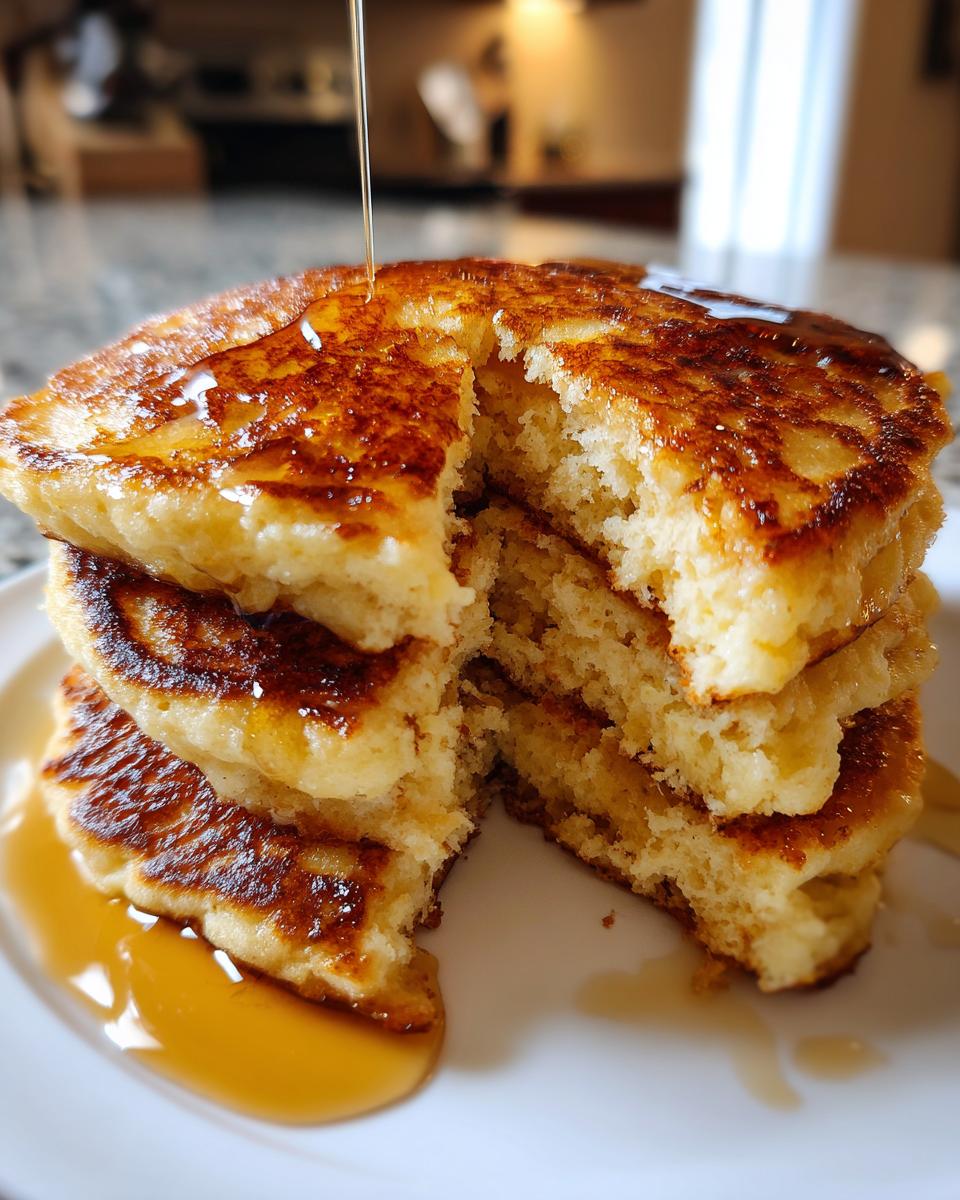 A stack of fluffy Greek yogurt pancakes with a piece removed, dripping with golden syrup.