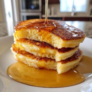 Close-up of a stack of fluffy greek yogurt pancakes being drizzled with golden syrup.