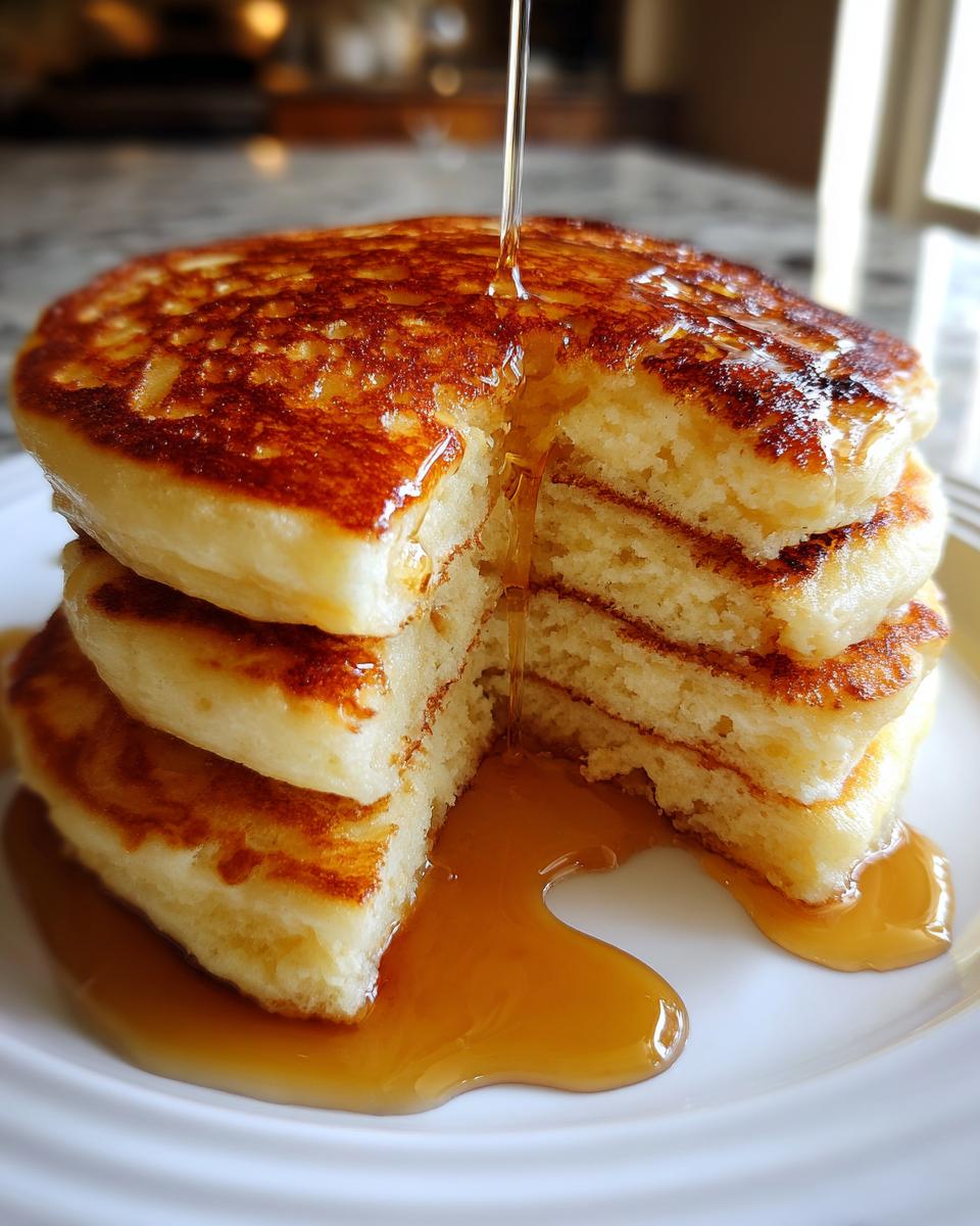 A stack of four fluffy greek yogurt pancakes with a slice cut out, drizzled generously with maple syrup.