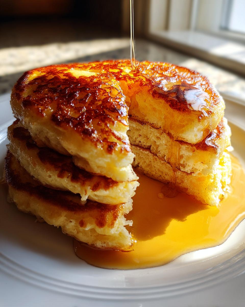 A tall stack of fluffy greek yogurt pancakes being drizzled with golden syrup on a white plate.
