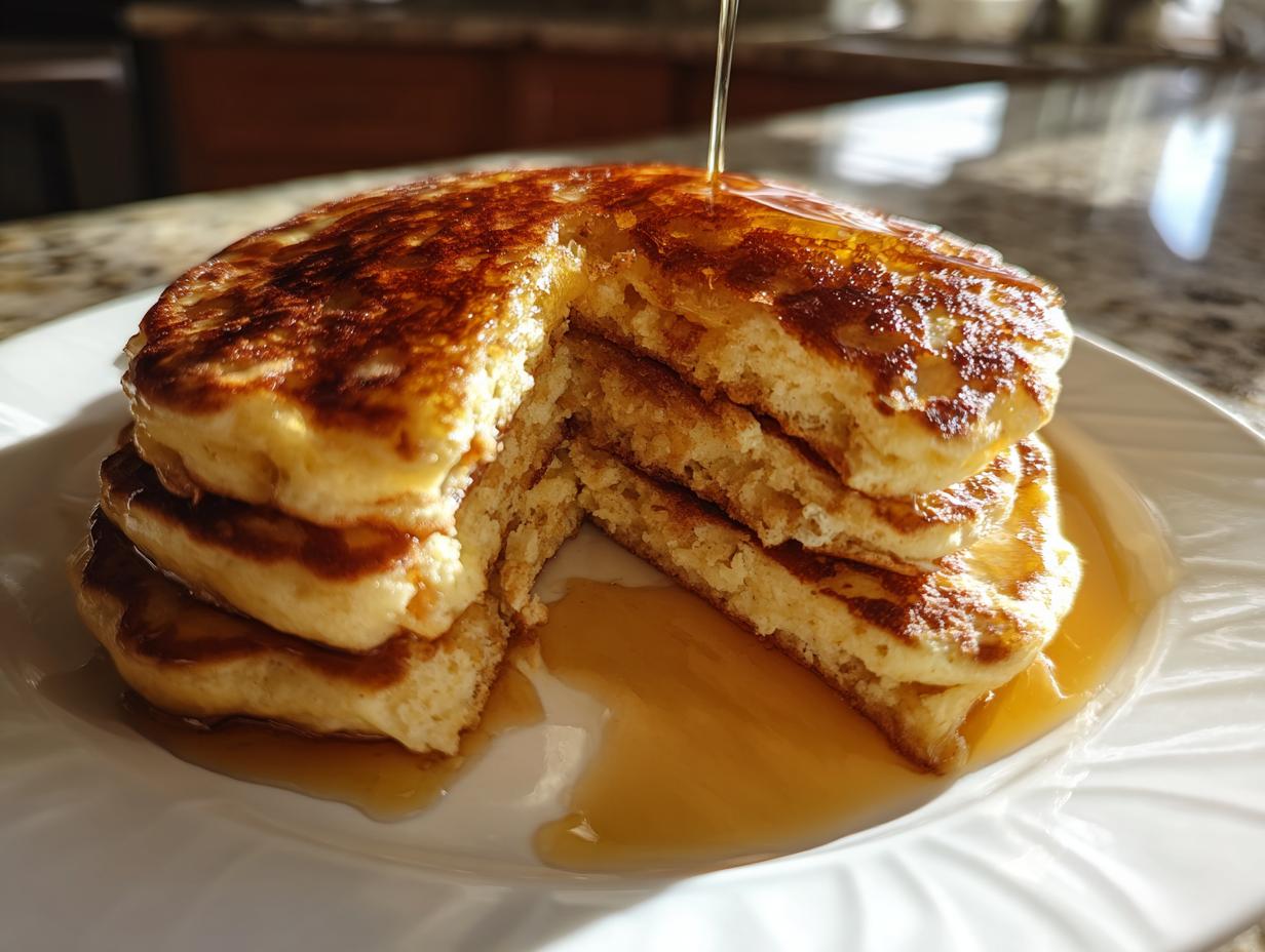 A stack of four fluffy greek yogurt pancakes with a slice cut out, covered in drizzling syrup.