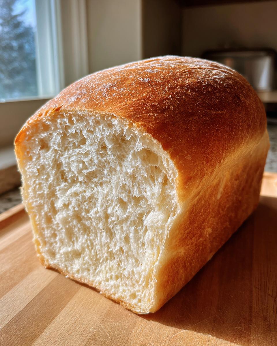 Close-up of a freshly baked milk bread loaf showing its soft, white, and fluffy interior crumb texture.